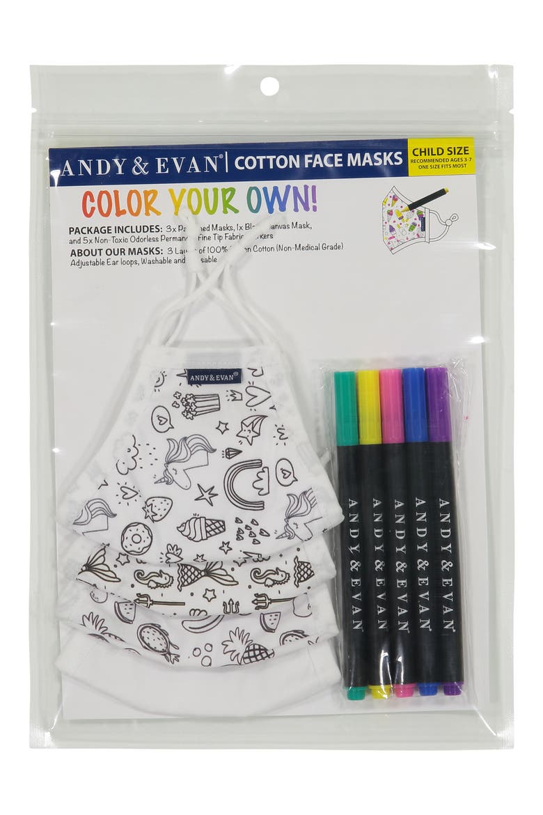 4-Pack Youth Coloring Face Masks & 5-Pack Fabric Markers Set, Alternate, color, UNICORN PACK