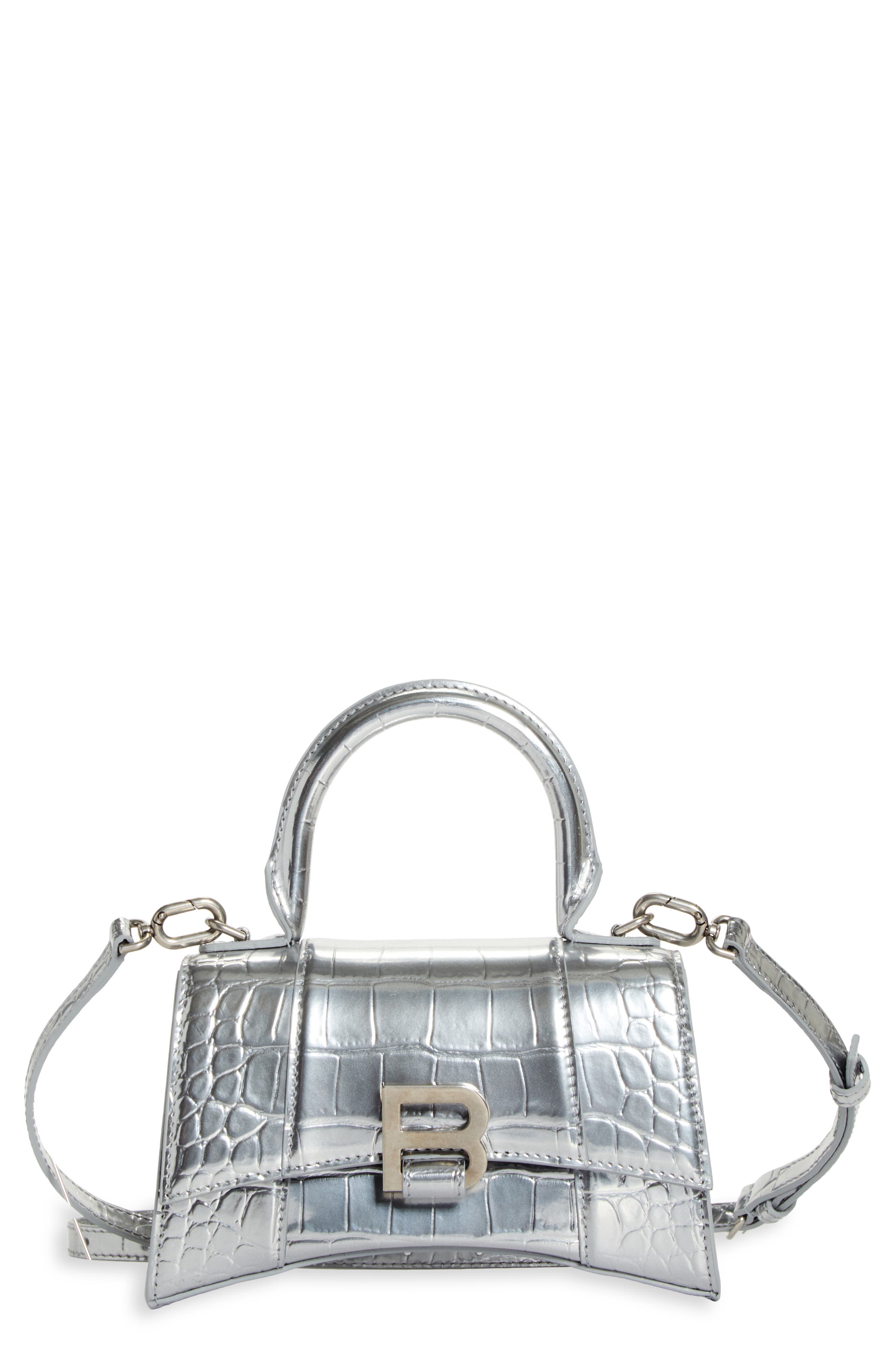 Balenciaga Extra Small Hourglass Croc Embossed Metallic Leather Top Handle Bag, Main, color, 