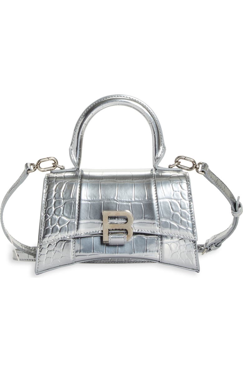 Balenciaga Extra Small Hourglass Croc Embossed Metallic Leather Top Handle Bag, Main, color,