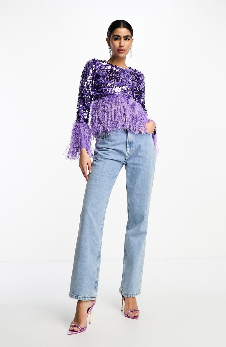 ASOS DESIGN Faux Feather Trim Top, Alternate, color,