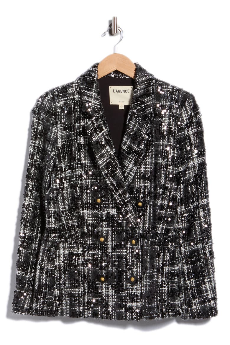 Colin Double Breasted Sequin Tweed Blazer, Main, color, BLACK/IVORY TWEED BLACK SEQUIN