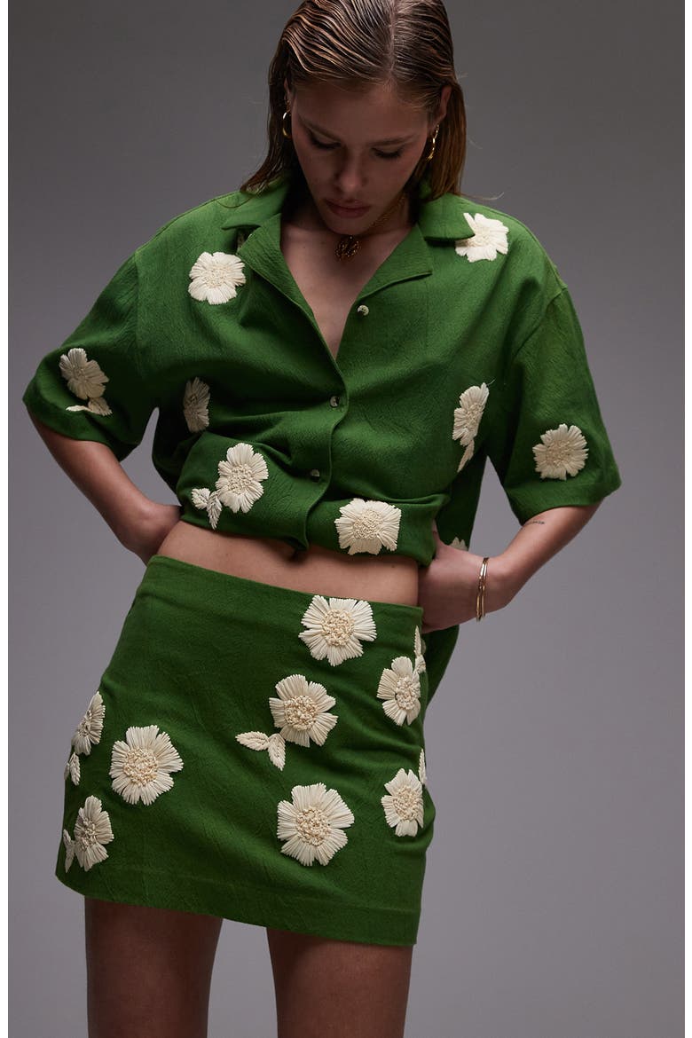 Pelmet Raffia Flowers Miniskirt, Alternate, color, MEDIUM GREEN