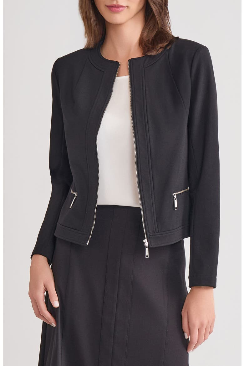 Front Zip Ponte Jacket, Main, color, BLACK