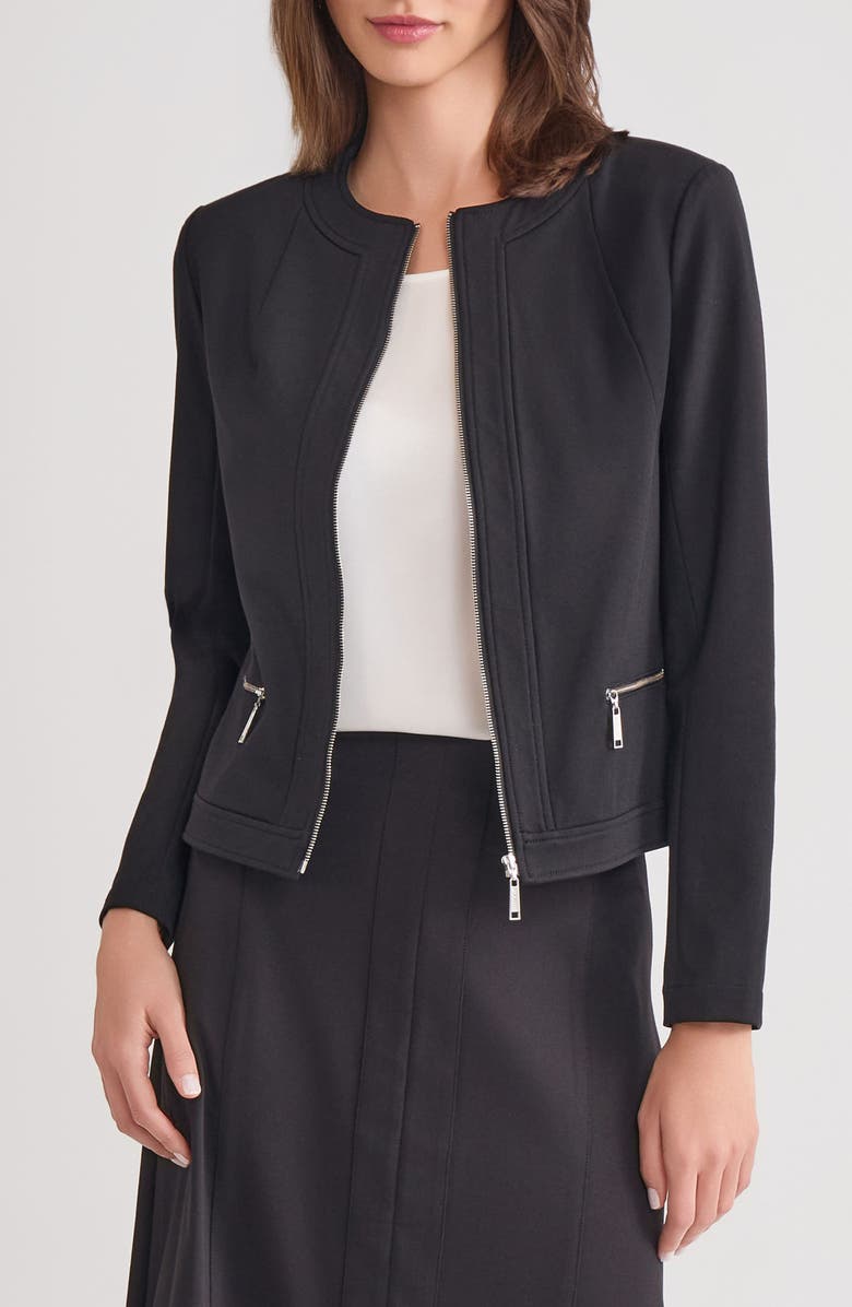 Misook Front Zip Ponte Jacket, Main, color, Black