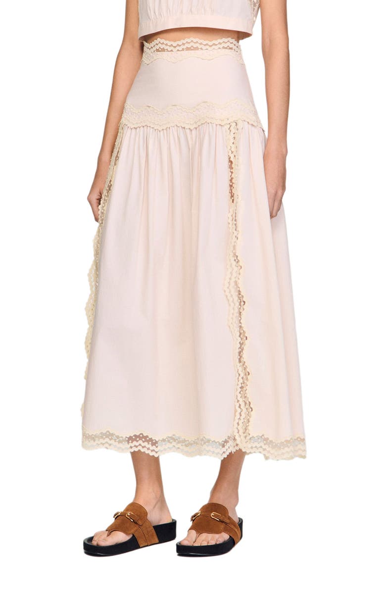SANDRO Long cotton skirt with trim, Alternate, color, Light Pink
