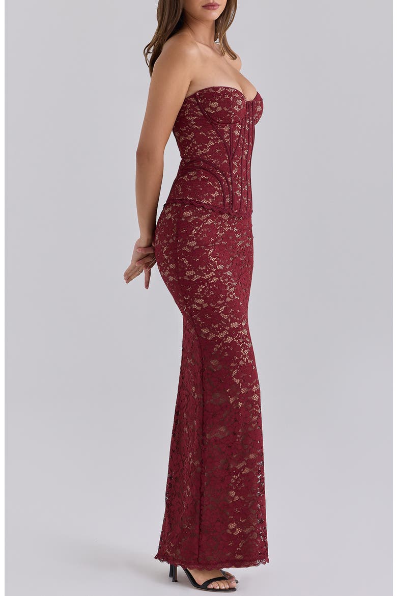 Solaine Lace-Up Strapless Lace Corset Gown, Alternate, color, CABERNET