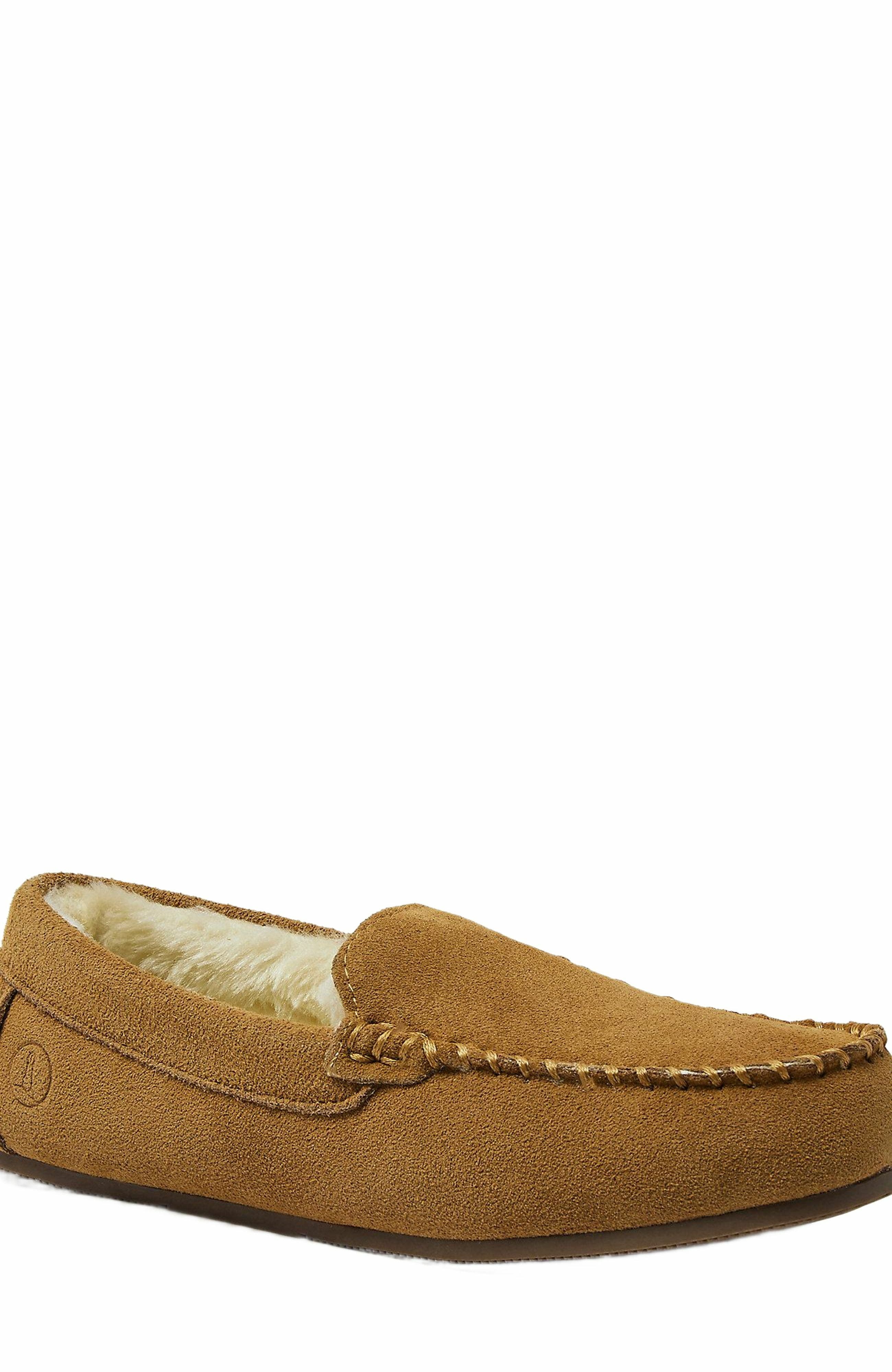 Lands' End Fuzzy Lined Suede Moccasin Slippers, Alternate, color, English Tan Suede