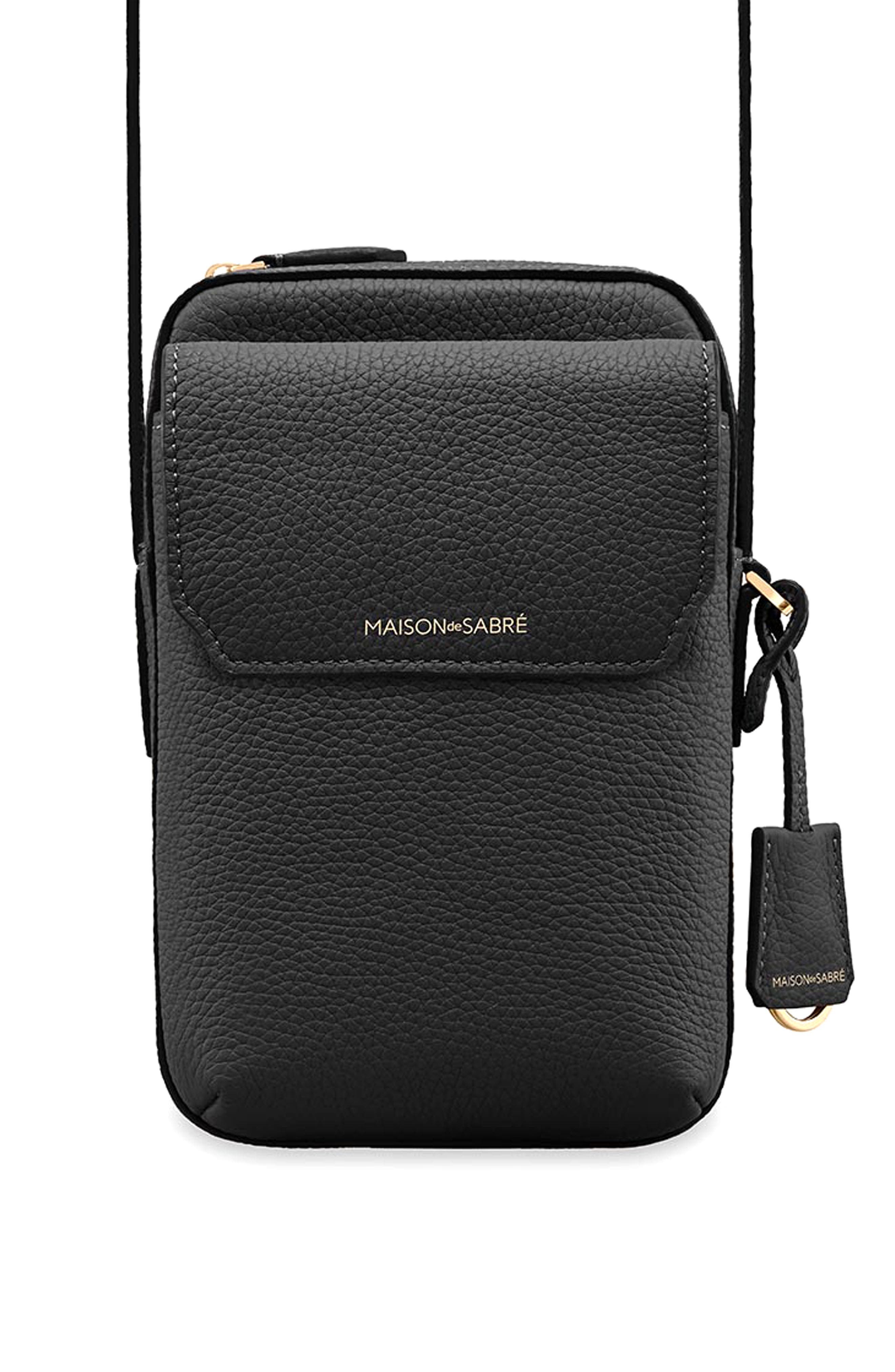 MAISON de SABRÉ Leather Zip Phone Pouch, Main, color, Black Caviar