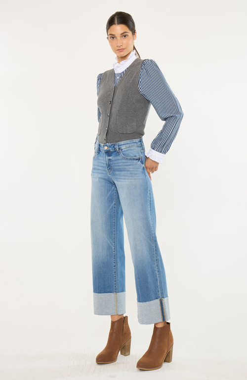 Kancan Kenny Mid Rise Crop Wide Leg Jeans In Blue