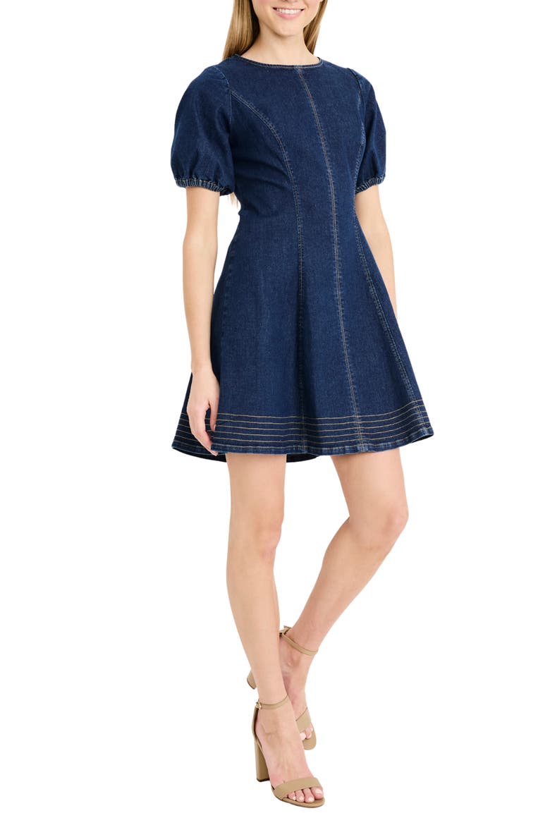 Seamed Puff Sleeve Cotton Blend Denim Minidress, Alternate, color, DARK WASH