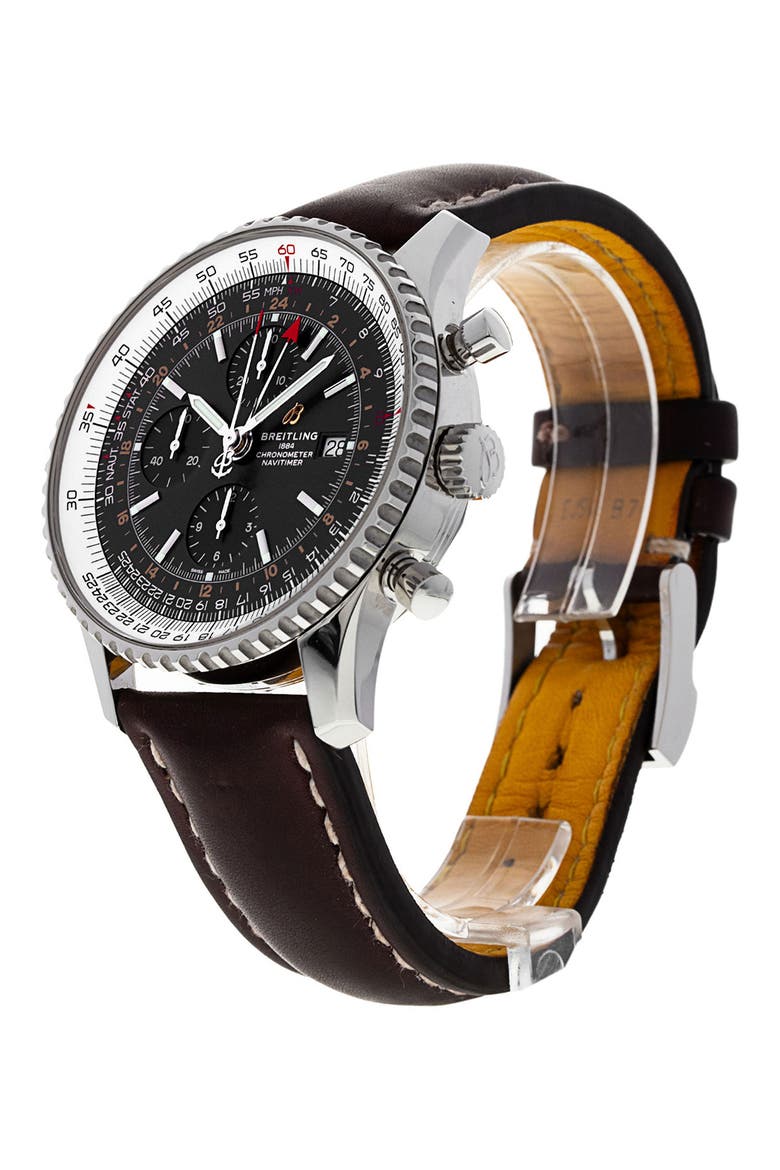 Breitling Preowned Navitimer Leather Strap GMT 46 Chronograph Watch, 46mm, Alternate, color, BLACK