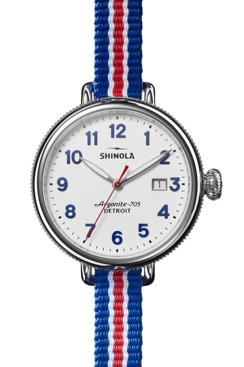Birdy Blue/White/Red Grosgrain Stripe Strap Watch, 38mm, Main, color, WHITE/ BLUE