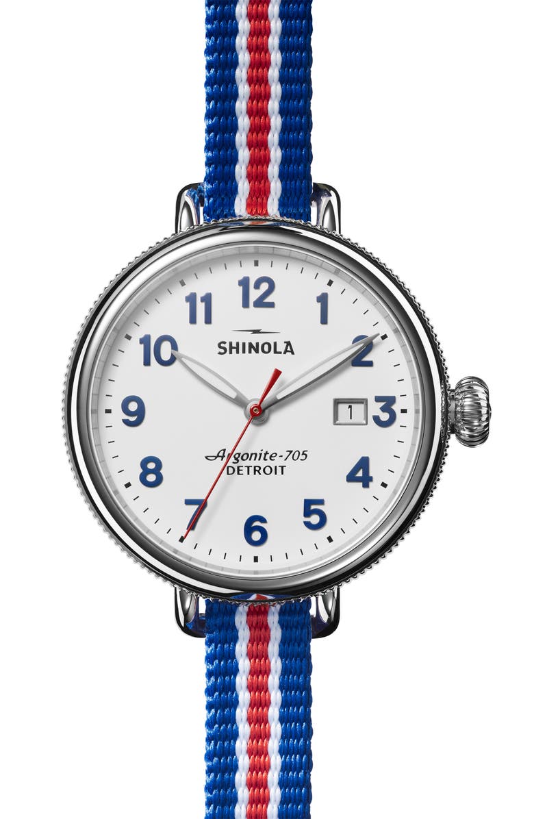 Shinola Birdy Blue/White/Red Grosgrain Stripe Strap Watch, 38mm, Main, color,