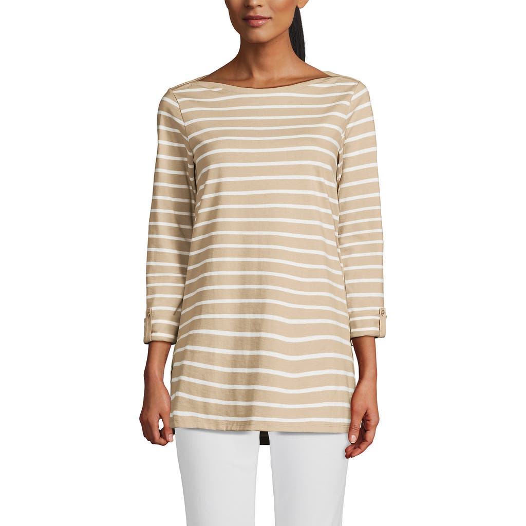 Lands' End Supima Cotton Adjustable 3/4 Sleeve Boatneck Tunic In Champagne/ivory Breton Stripe