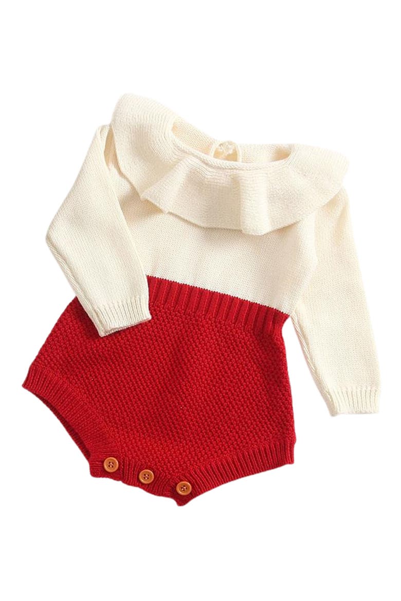 Isabella Ruffle Collar Colorblock Knit Cotton Bodysuit, Main, color, RED