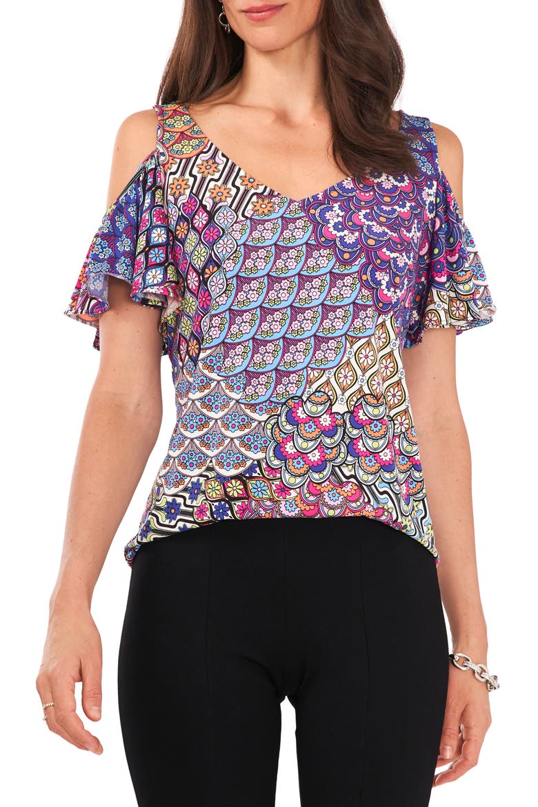 Print Cold Shoulder Top, Main, color, BLUE