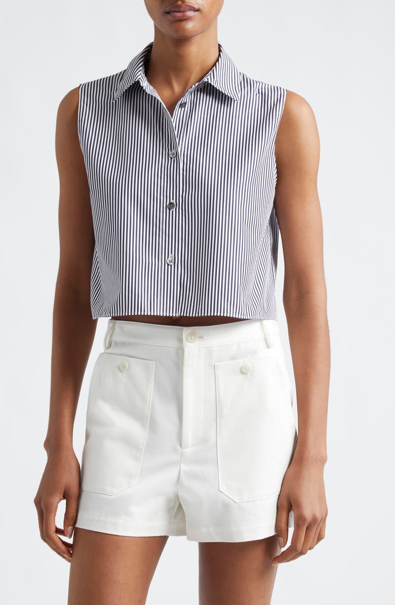 Theory Stripe Sleeveless Cotton Crop Button-Up Shirt, Main, color, 
