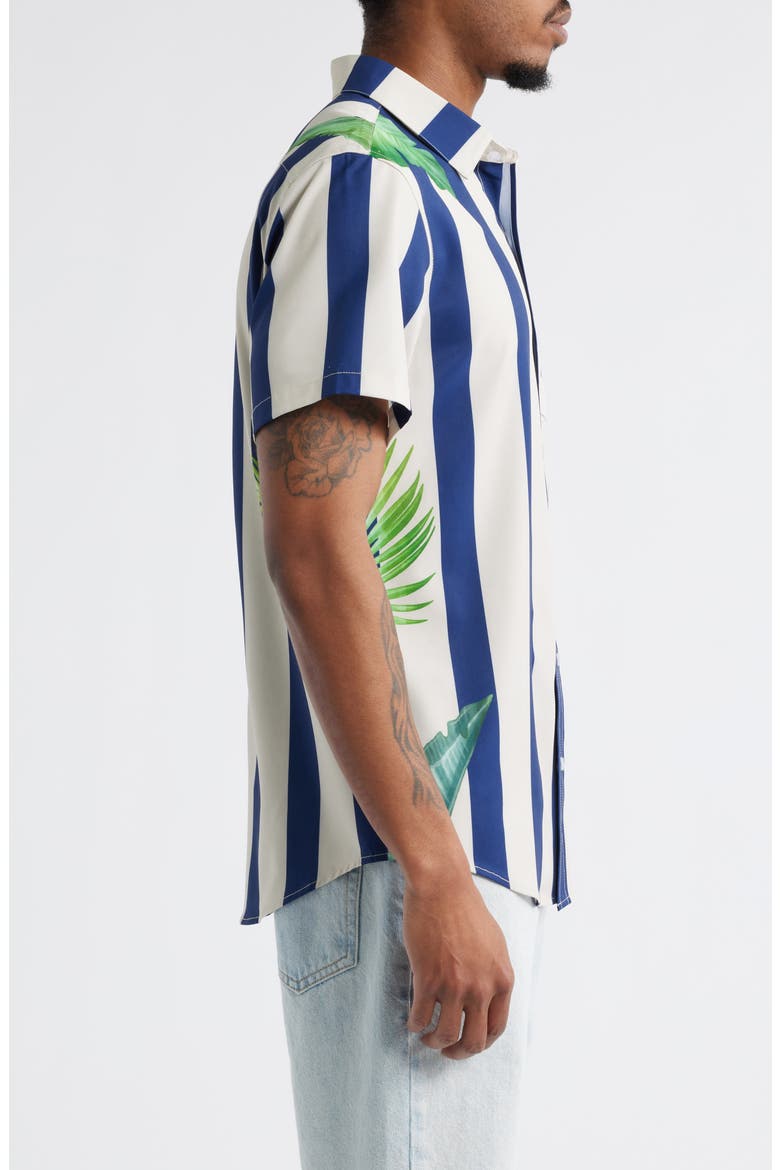 Stripe Palm Frond Short Sleeve Performance Button-Up Shirt, Alternate, color, GREEN