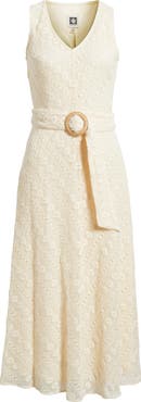 Anne Klein Embroidered Belted Sleeveless Midi Dress