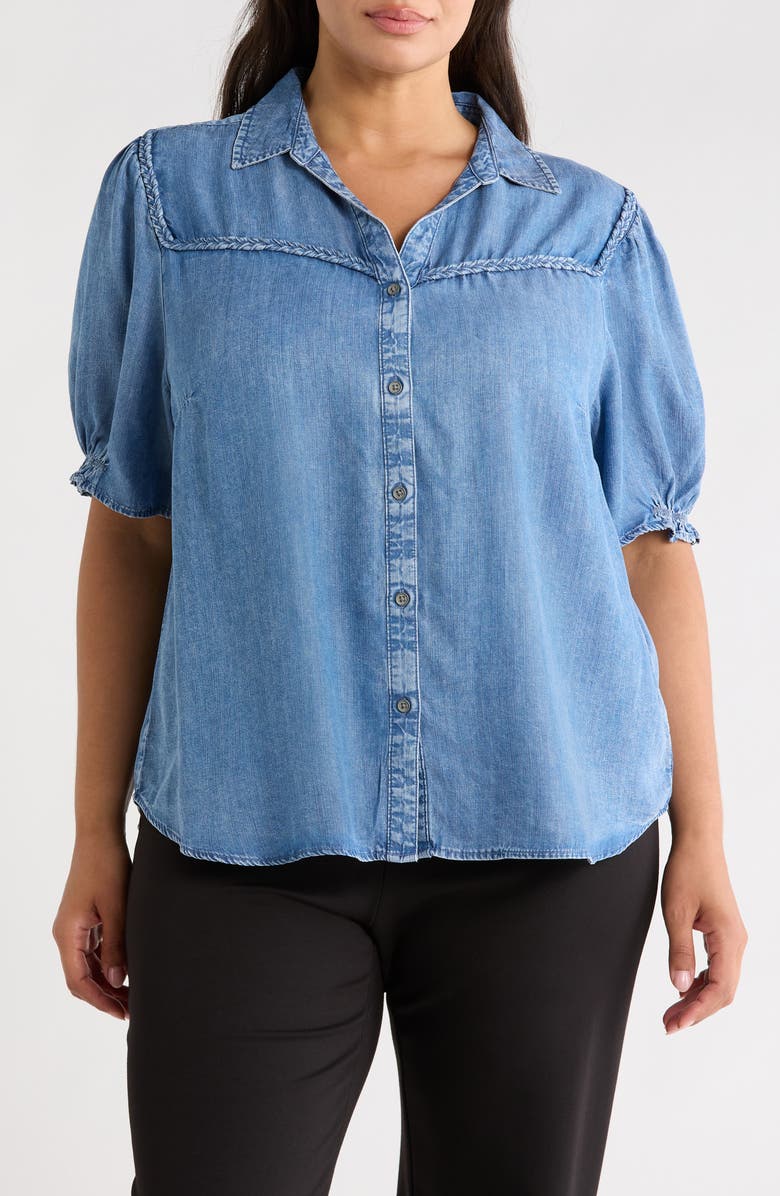 beachlunchlounge Inara Denim Top, Main, color, Medium Wash