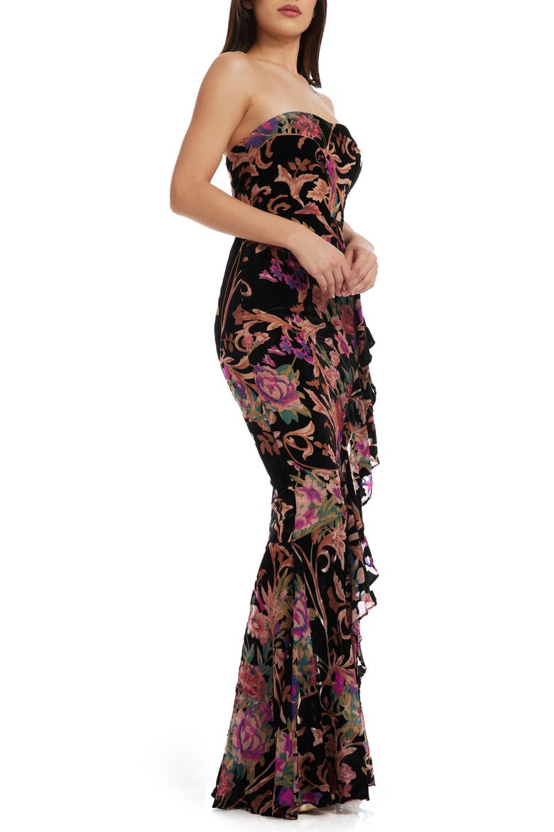 Paris Ruffle Strapless Gown, Alternate, color, BLACK MULTI