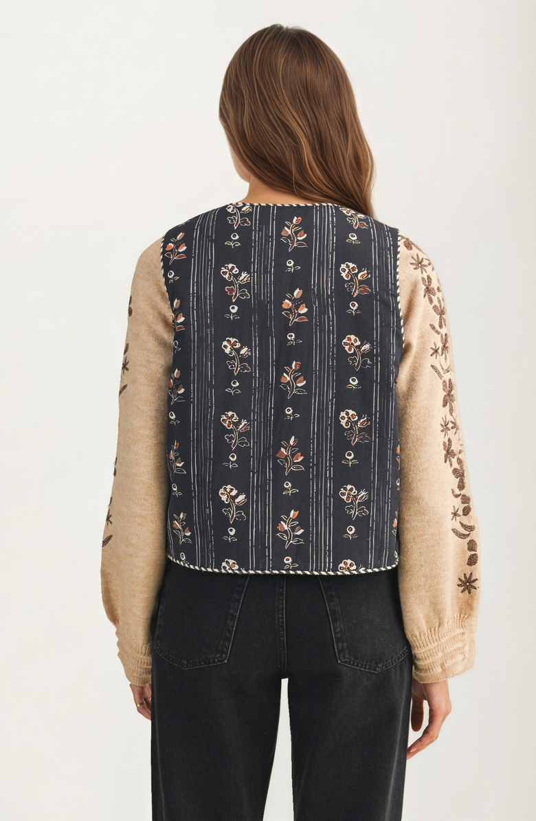 Knit and Lounge Embroidered Tie Front Vest with Floral Detailing, Alternate, color, Dark Blue / Floral