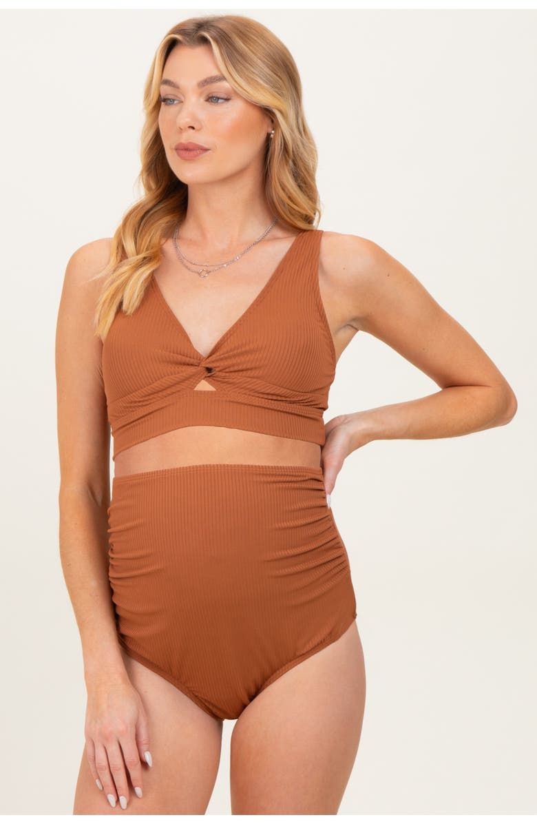 PinkBlush Ribbed Twist Front Cutout Two Piece Maternity Swimsuit, Main, color, Rust