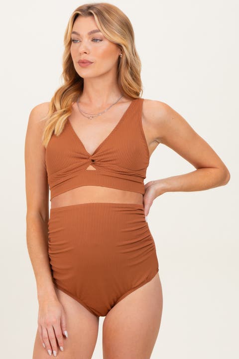 Ribbed Twist Front Cutout Two Piece Maternity Swimsuit
