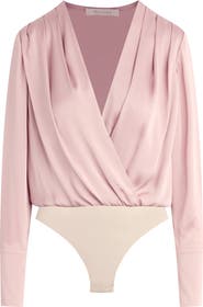 Favorite Daughter Surplice Long Sleeve Satin Bodysuit