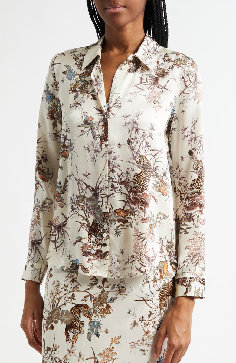 L'AGENCE Tyler Jungle Tapestry Print Silk Button-Up Shirt, Alternate, color, Ecru Multi Tapestry Jungle