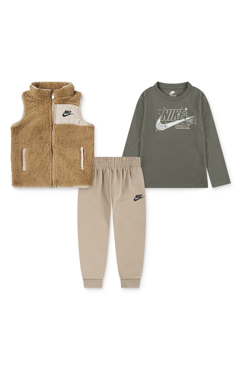 Nike Kids' Future Utility Faux Shearling Vest, Logo T-Shirt & Fleece Joggers Set, Main, color, Hemp