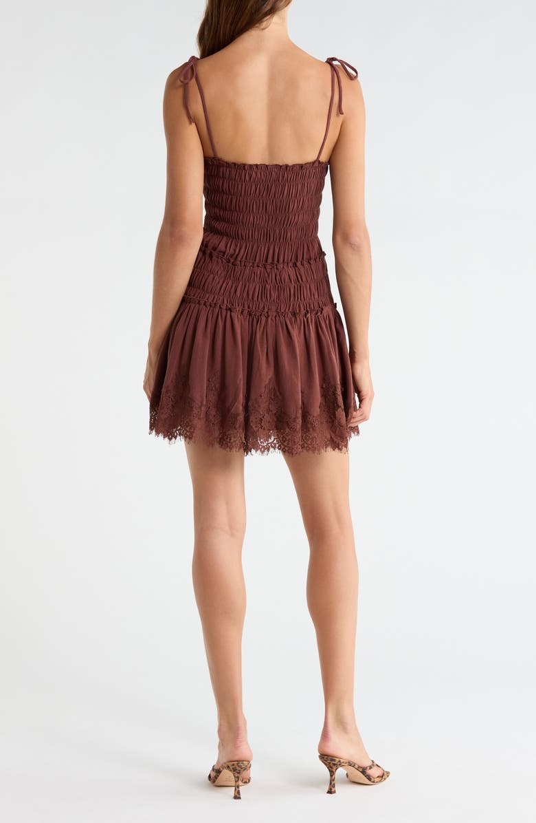 All in Favor Shirred Tie Shoulder Lace Trim Minidress, Alternate, color, Brown