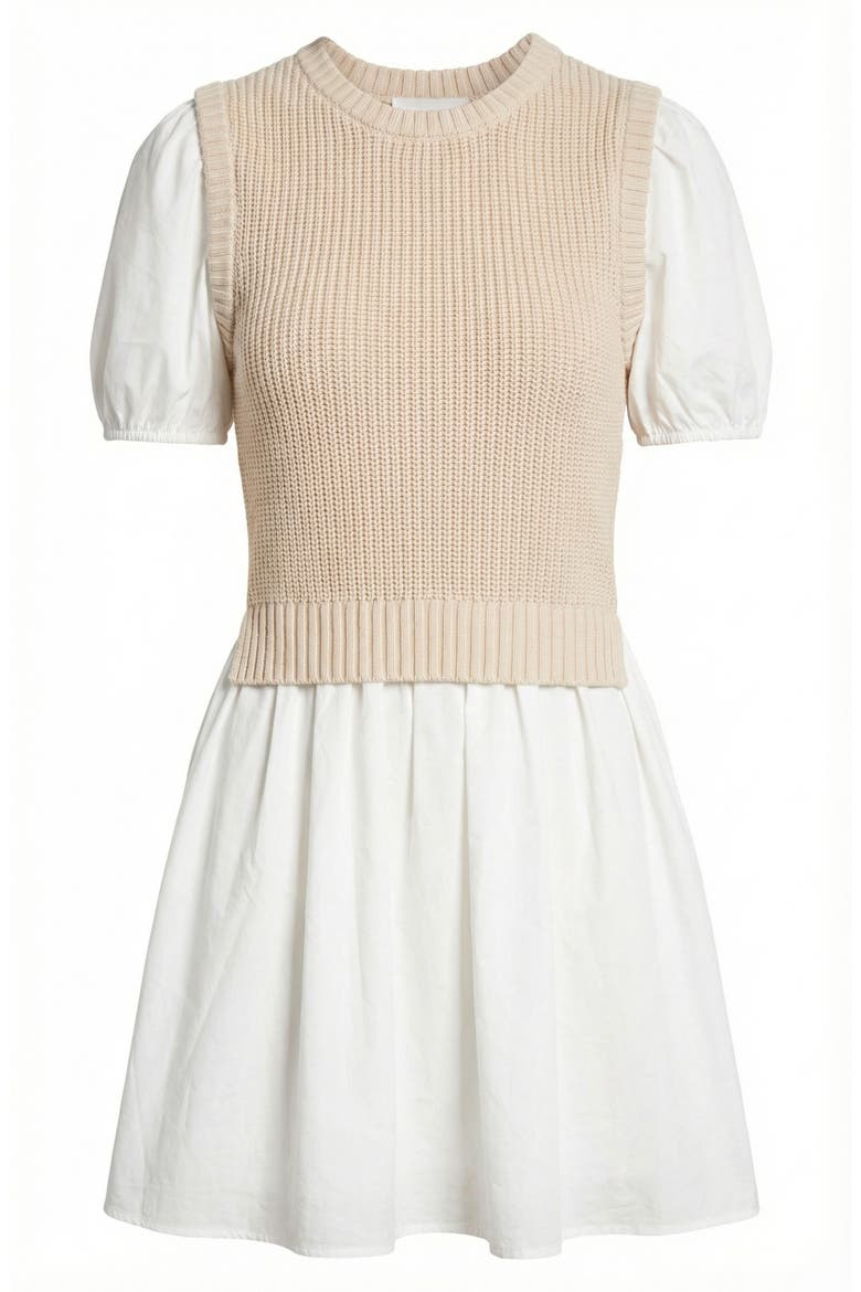 Ribbed Sleeveless Sweater Dress with Puff Sleeves, Alternate, color, White