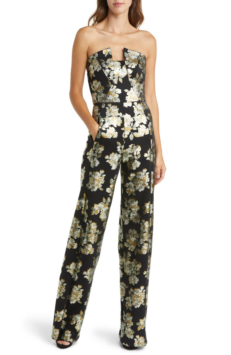 Black Halo Lena Floral Strapless Jumpsuit, Main, color, Brilliant Flora