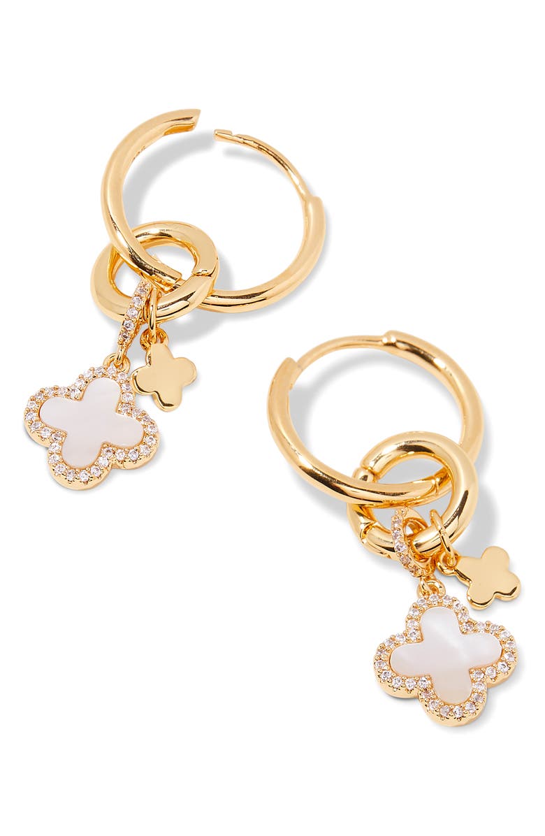 Brook and York Chatham Mother-of-Pearl Clover Charm Huggie Hoop Earrings, Alternate, color, Gold
