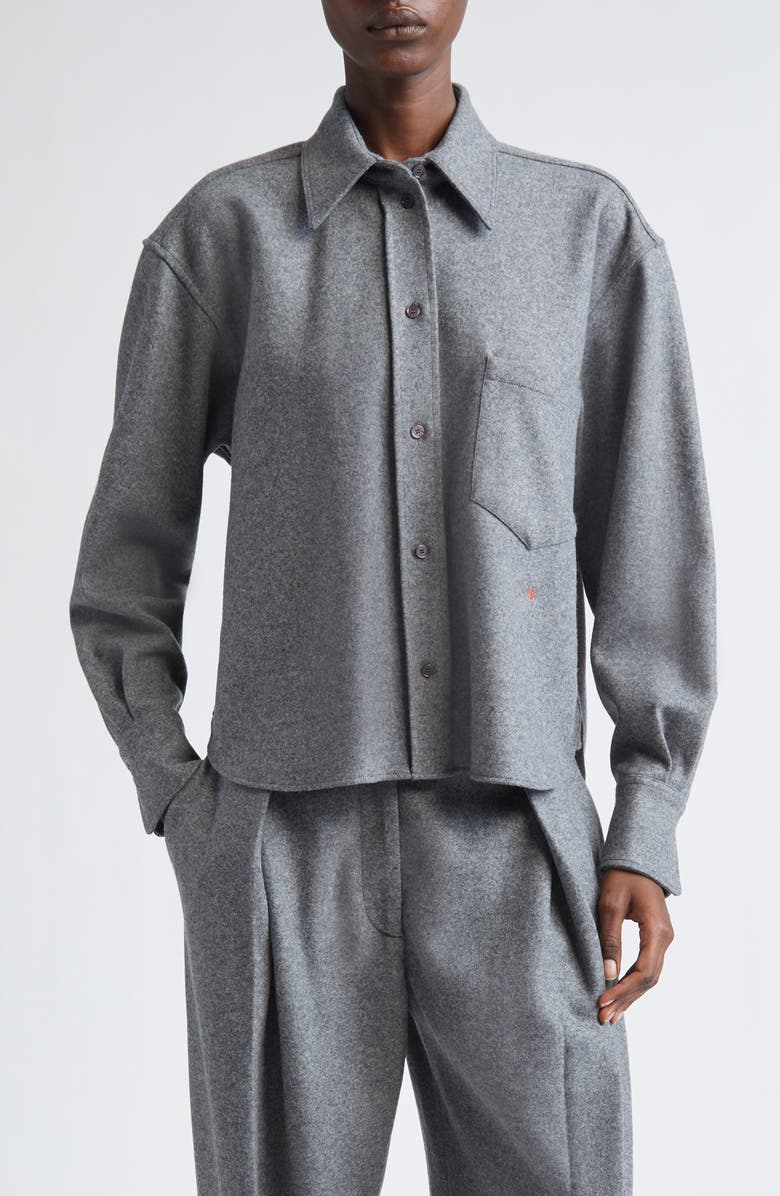 Victoria Beckham Long Sleeve Wool & Cashmere Crop Button-Up Shirt, Main, color, Medium Grey Melange