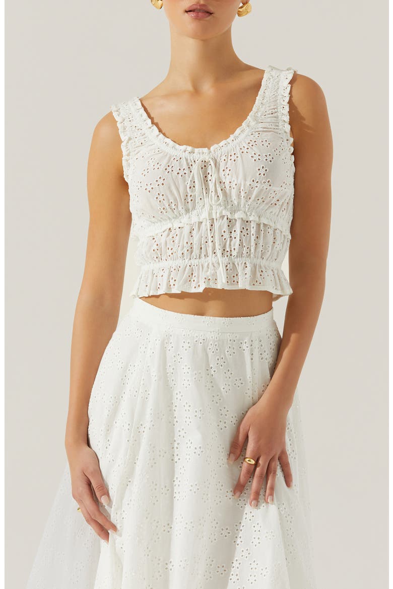 Kissel Eyelet Embroidered Shirred Crop Tank, Main, color, WHITE