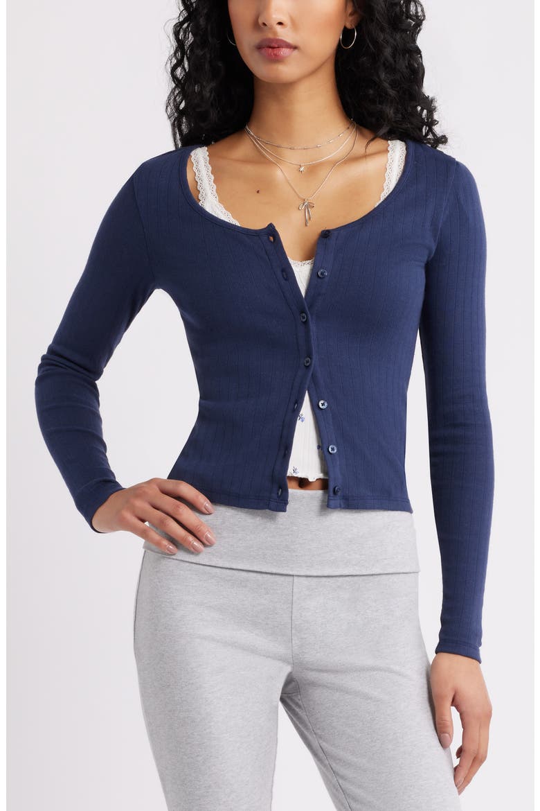 Scoop Neck Pointelle Cardigan, Main, color, NAVY IRIS