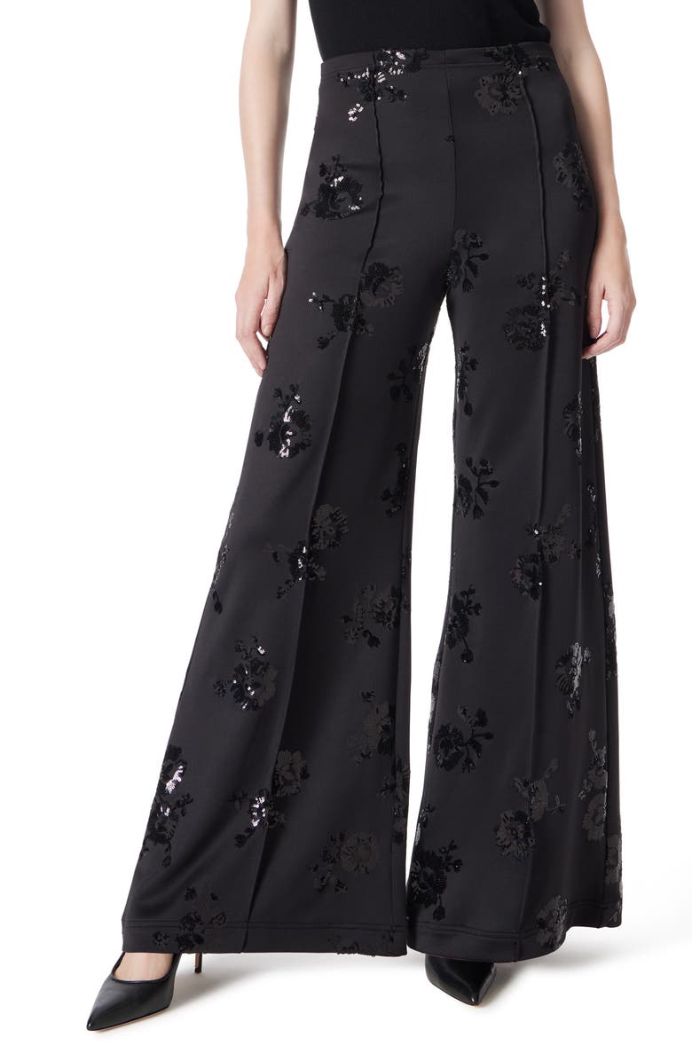 DO by Dee Ocleppo Sequin Wide Leg Scuba Knit Pants, Main, color, Black