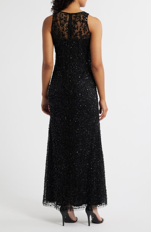 Pisarro Nights Floral Beaded Sequin Sleeveless A-line Gown In Black