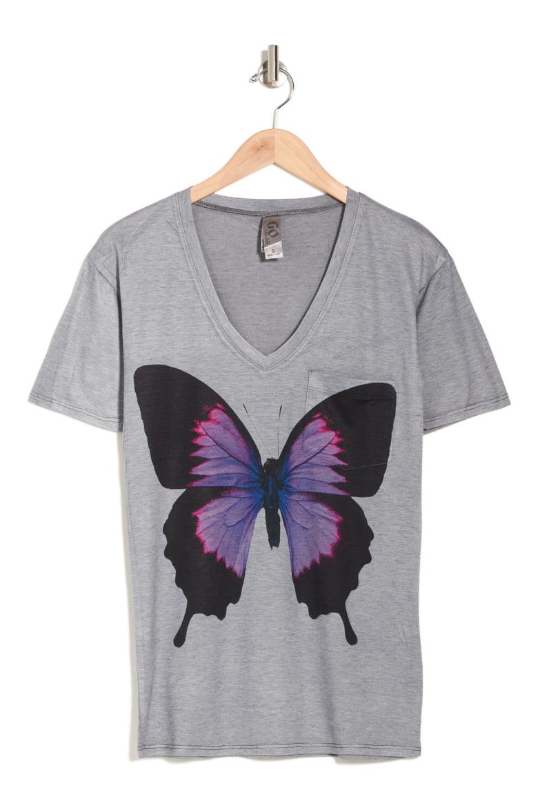 Deep V-Neck Art Print T-Shirt, Alternate, color, GREY BUTTERFLY