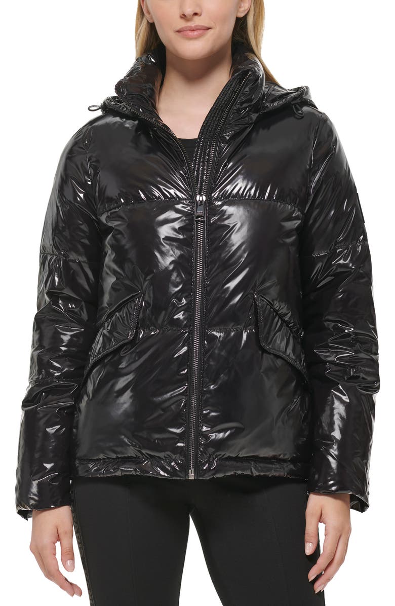 KARL LAGERFELD PARIS Glossy Hooded Puffer Jacket, Alternate, color, 