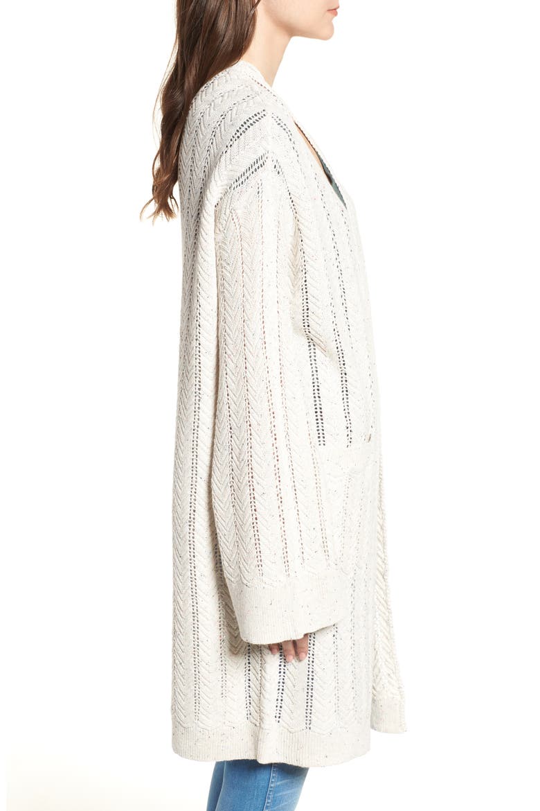 Long Tweed Herringbone Stitch Cardigan, Alternate, color, BEIGE OATMEAL HEATHER