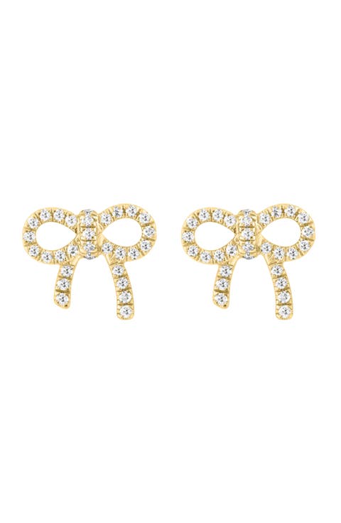 14K Gold Plated Sterling Silver Diamond Bow Stud Earrings