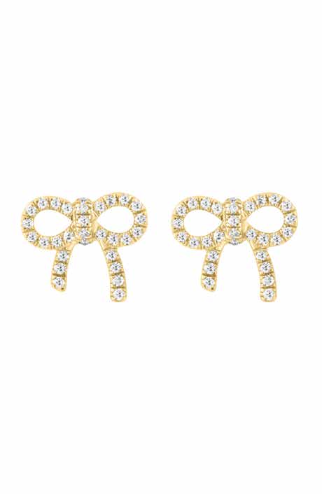 14K Gold Plated Sterling Silver Diamond Bow Stud Earrings
