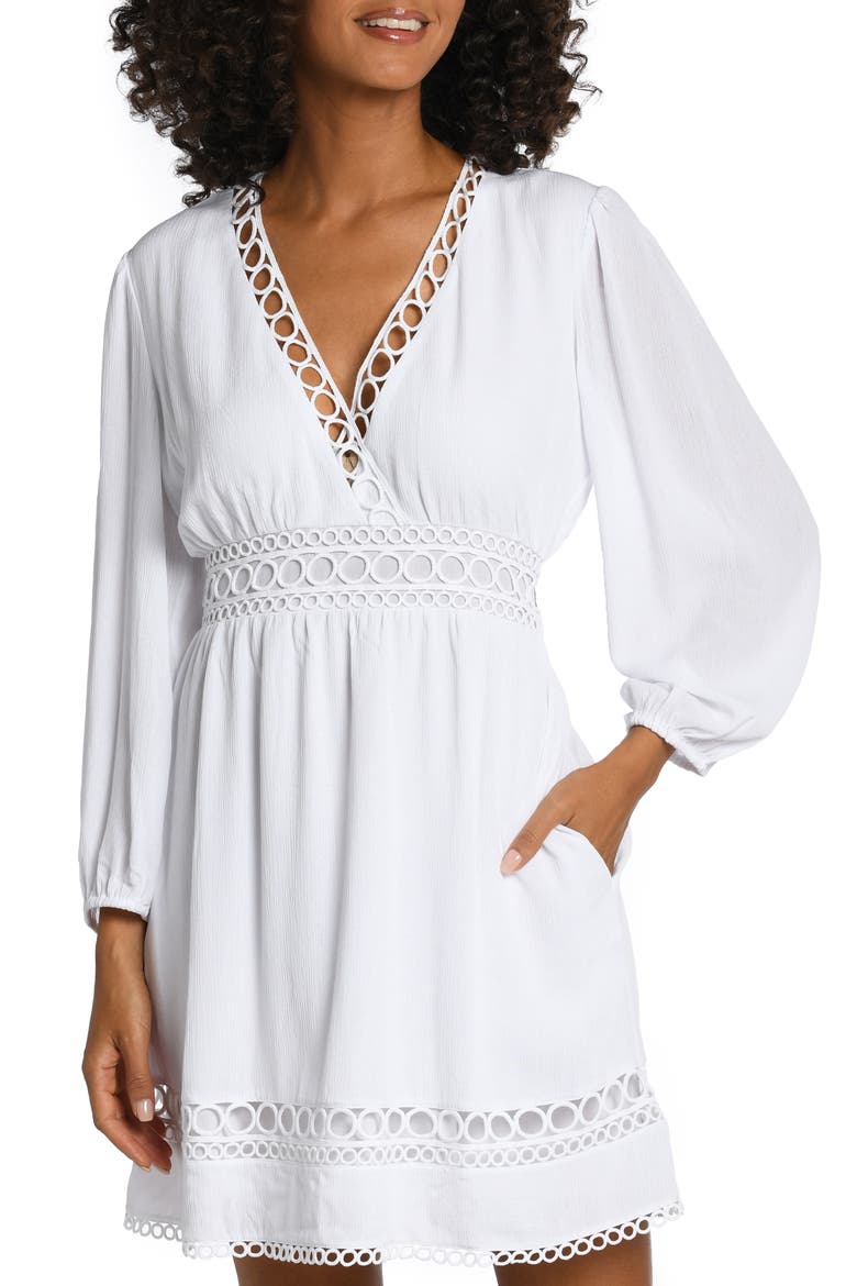 Illusion Long Sleeve Cover-Up Dress, Main, color, WHITE