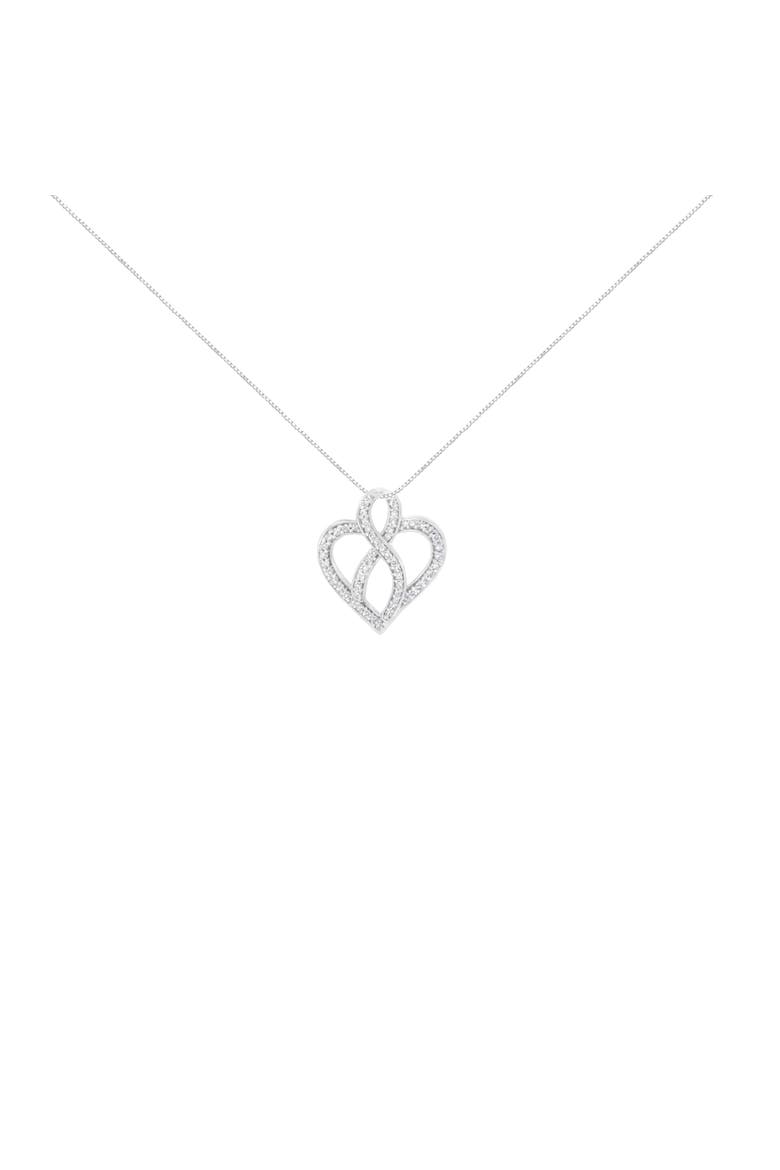 14K White Gold 1/4 cttw Round Cut Diamond Heart and Ribbon Center Pendant Necklace, Alternate, color, White
