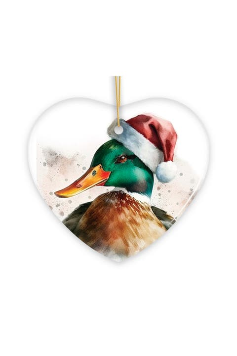 Mallard Duck Santa Hat Watercolor Heart Ornament
