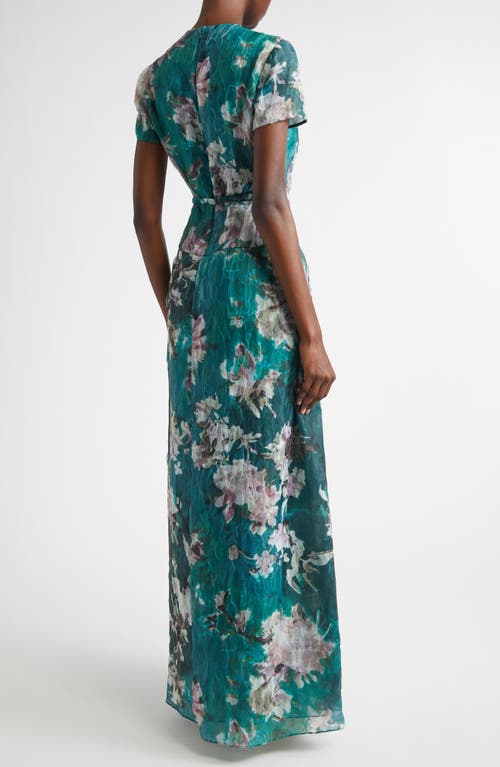 Erdem Painted Floral Crushed Organza Drop Waist Gown In Green