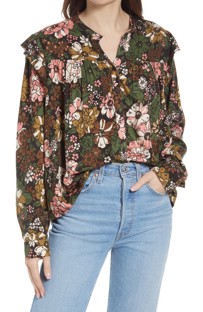 Treasure & Bond Floral Ruffle Trim Button-Up Shirt, Main, color, 